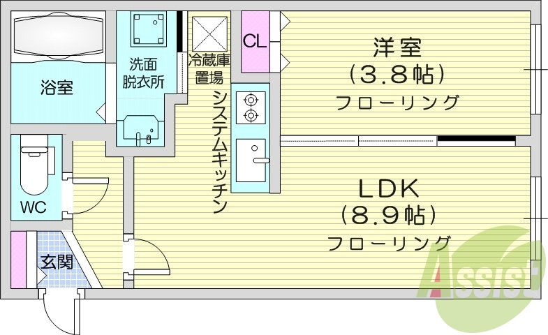 1LDK、エアコン、ガスリミット制、システムキッチン