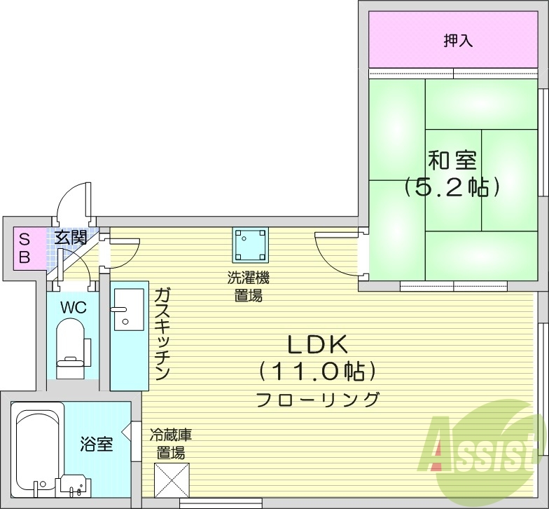 1LDK、ガス暖房、シャワートイレ、バストイレ別