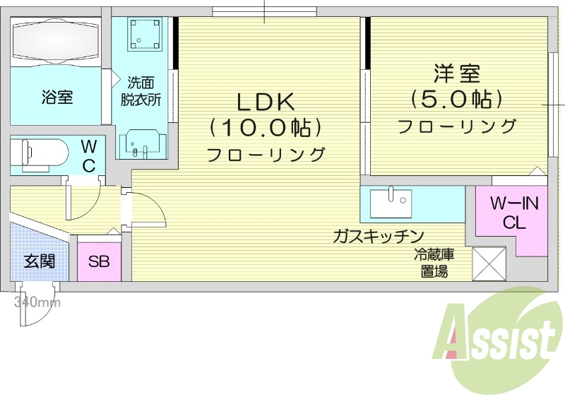1LDK、都市ガス、TV付インターホン、バス・トイレ別