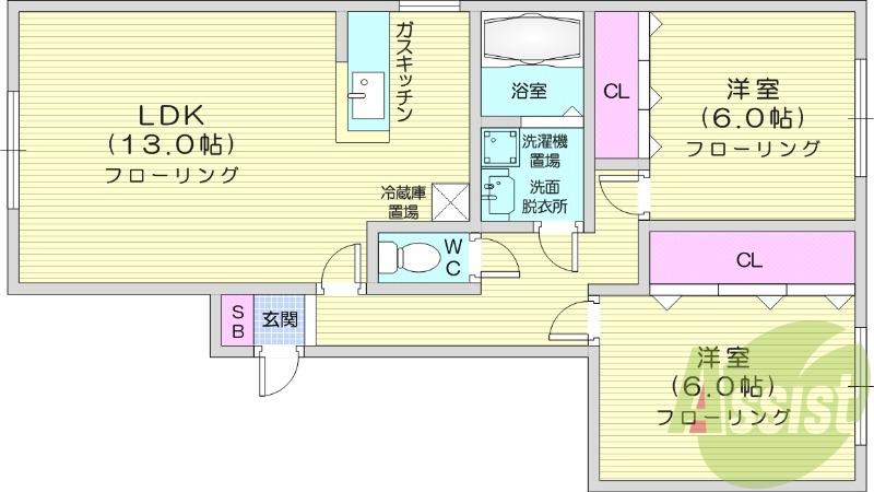 2LDK、角部屋、バストイレ別、対面キッチン