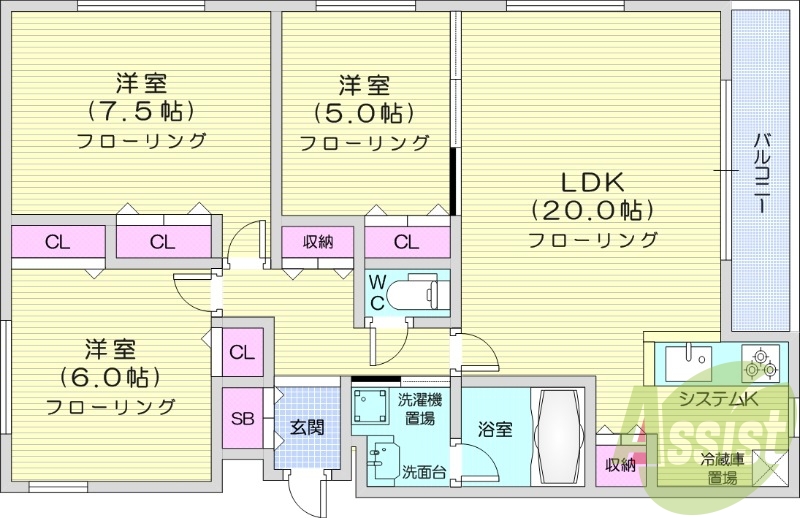 3LDK、オートロック、エアコン、システムキッチン