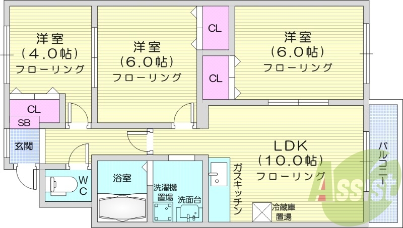 3LDK、バルコニー、ウォシュレット、シャンドレ