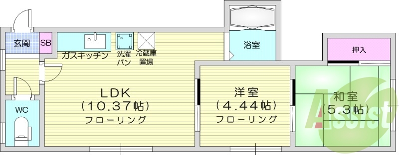 2LDK、灯油暖房、最上階、バストイレ別