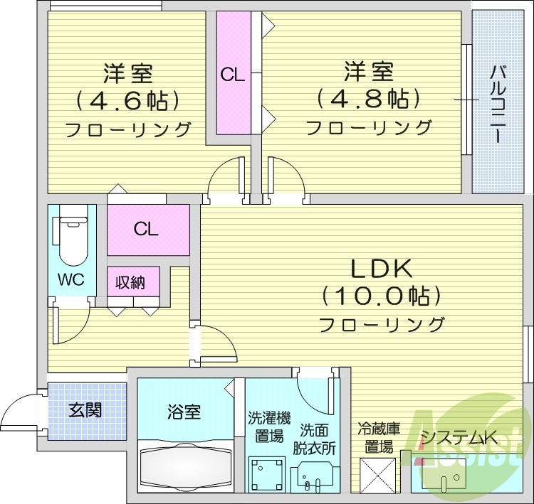 2LDK、ネット無料、浴室乾燥機、オートロック