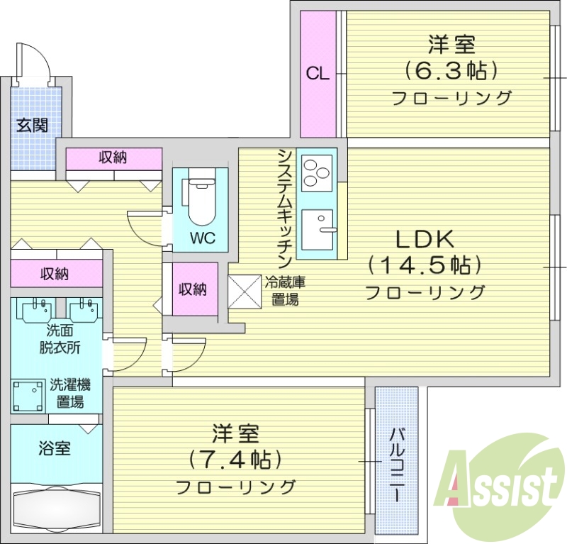 2LDK、都市ガス、ネット無料、システムキッチン