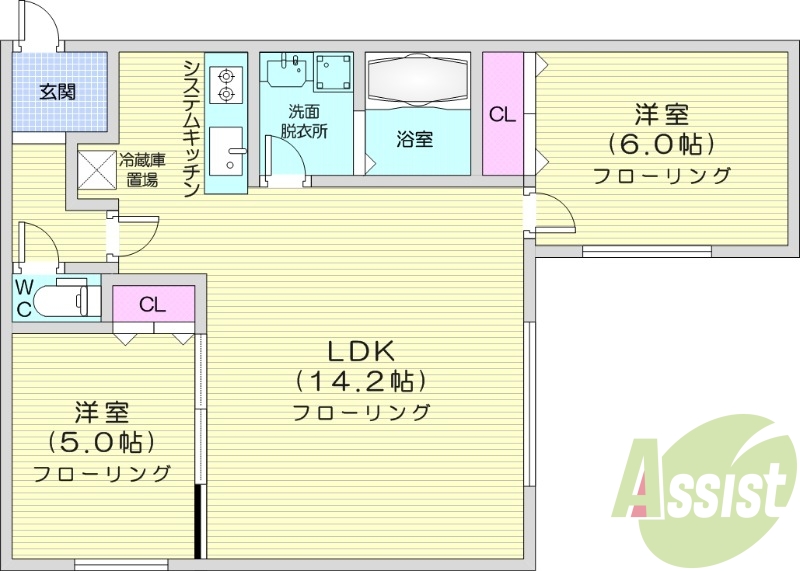2LDK、エアコン、システムキッチン、追い焚き、ネット無料