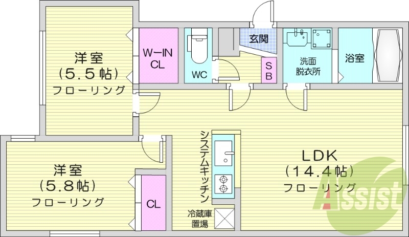 2LDK、エアコン、追い焚き、システムキッチン