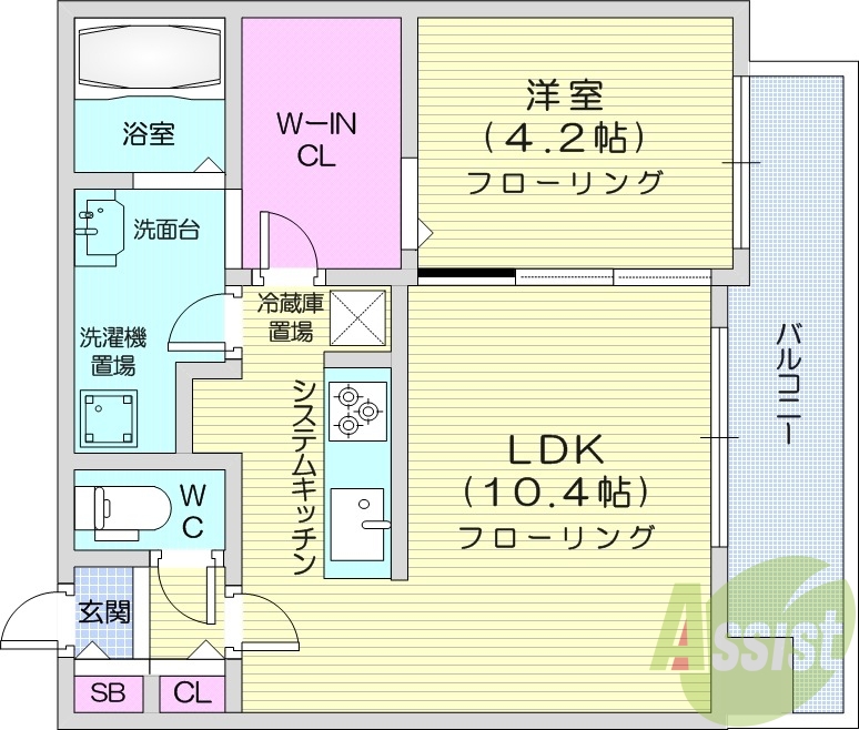 1LDK、都市ガス、ネット無料、システムキッチン
