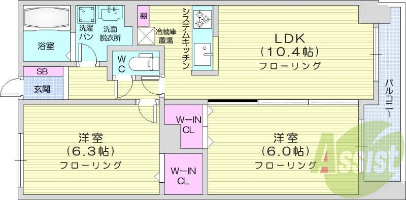 2LDK、都市ガス、オートロック、システムキッチン