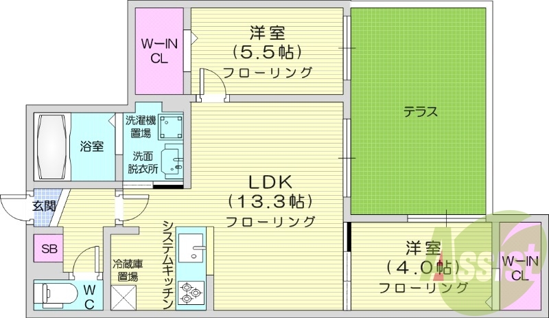2LDK、都市ガス、追い焚き、エアコン、システムキッチン