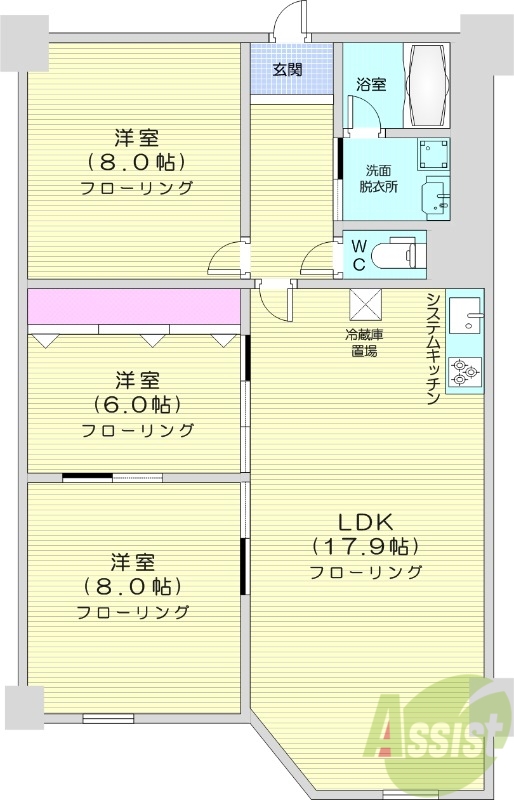 3LDK、収納、洗濯機置場、バストイレ別