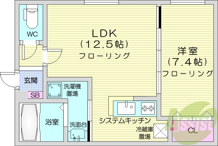 1LDK、都市ガス、エアコン、システムキッチン、独立洗面台