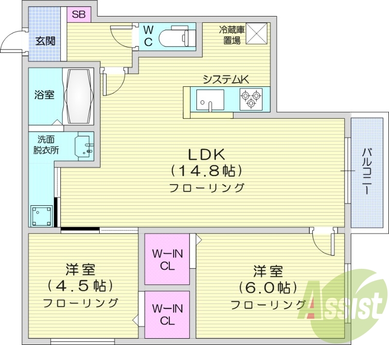 2LDK、都市ガス、エアコン、システムキッチン