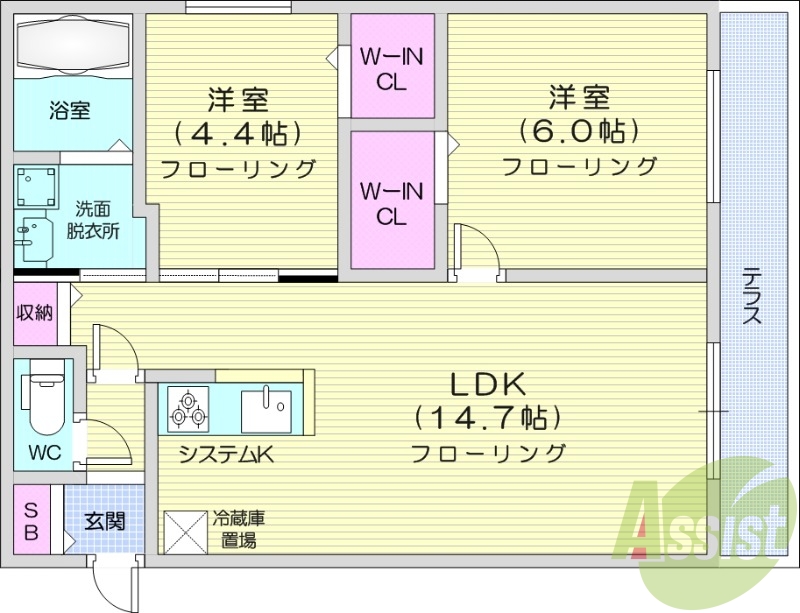 2LDK、都市ガス、エアコン、システムキッチン