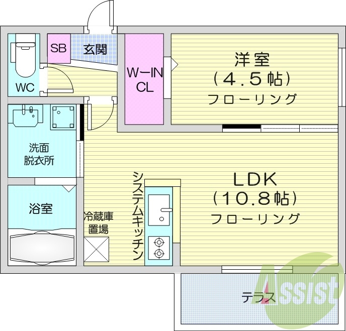 1LDK、都市ガス、エアコン、システムキッチン
