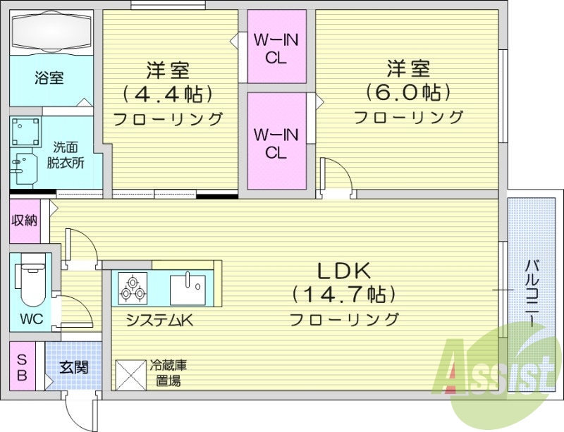 2LDK、都市ガス、エアコン、システムキッチン