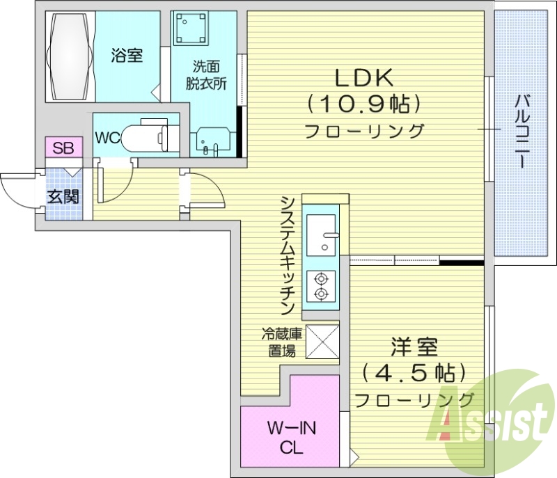 1LDK、都市ガス、エアコン、システムキッチン