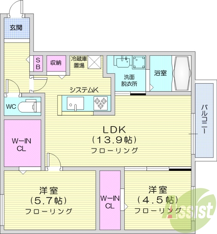 2LDK、都市ガス、エアコン、システムキッチン