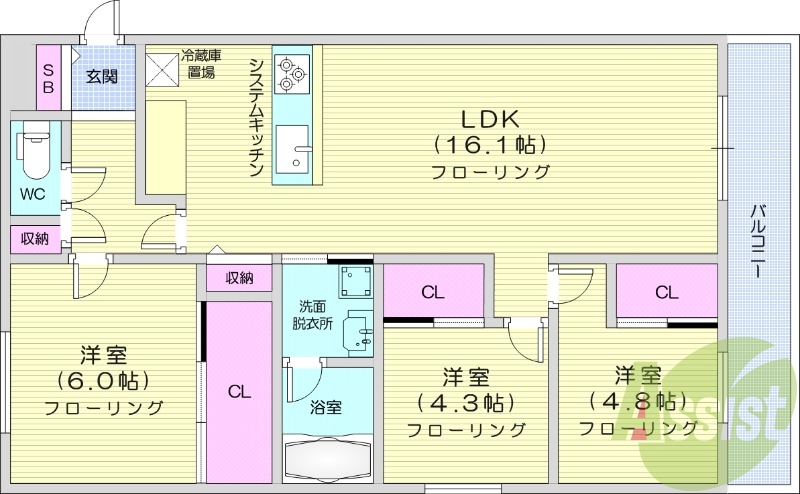 3LDK、都市ガス、エアコン、システムキッチン