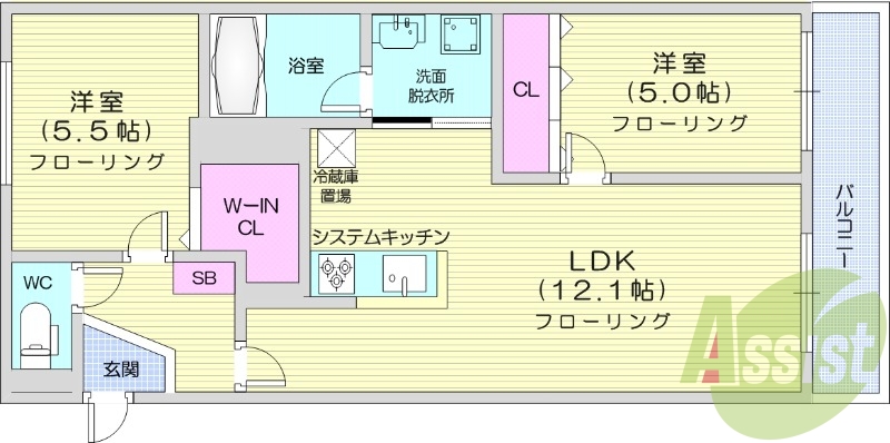 2LDK、都市ガス、エアコン、システムキッチン