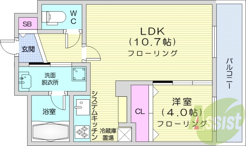 1LDK、都市ガス、エアコン、システムキッチン
