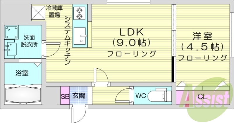 1LDK、エアコン、システムキッチン、浴室乾燥機