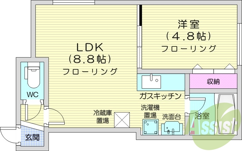 １LDK、エアコン、光ファイバー、カメラ付きインターホン