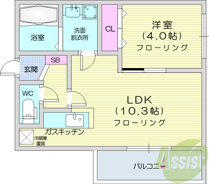 1LDK、都市ガス、バストイレ別、エアコン