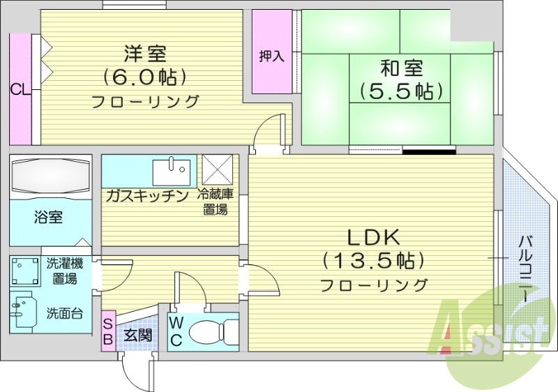 2LDK、押入、クローゼット、南向きバルコニー、灯油暖房