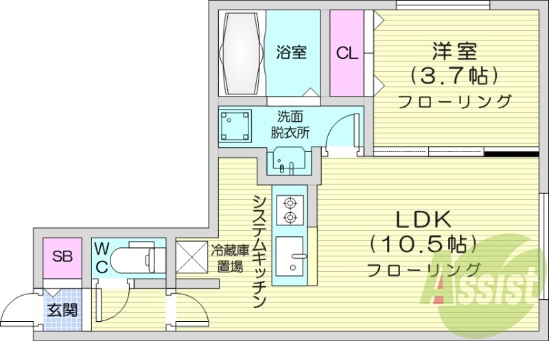 1LDK、都市ガス、エアコン、浴室乾燥機、ネット無料