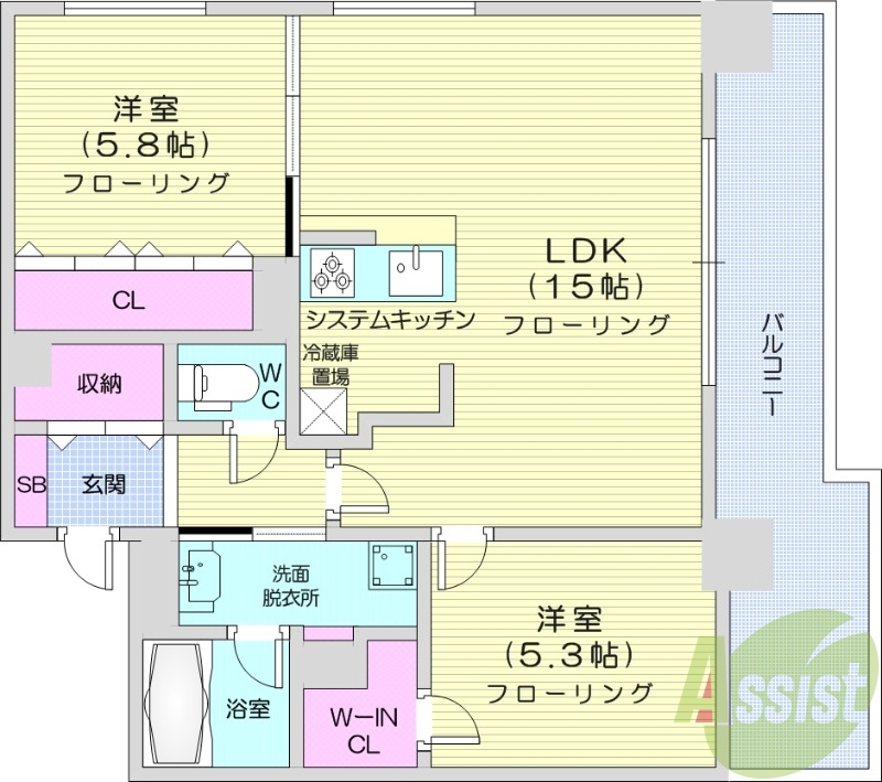2LDK、都市ガス、エアコン、システムキッチン、追い焚き