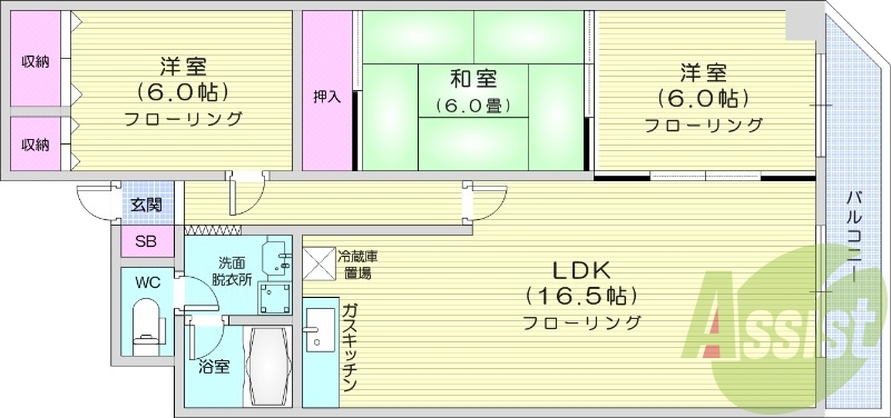 3LDK、エアコン、灯油暖房、トイレ風呂別、ケーブルTV