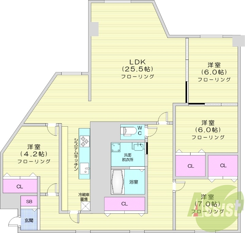 4LDK、収納、洗濯機置場、都市ガス、バストイレ別