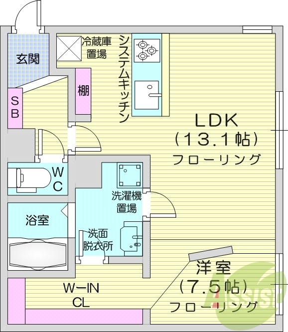 1LDK、都市ガス、追い炊き、システムキッチン、独立洗面台