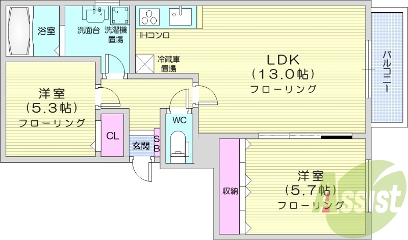 2LDK、オートロック、角部屋、独立洗面台
