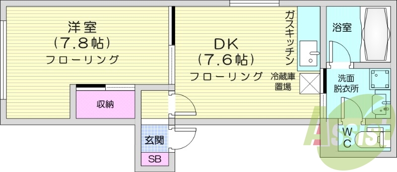 1DK、バストイレ別、ガスFF暖房、ネット無料