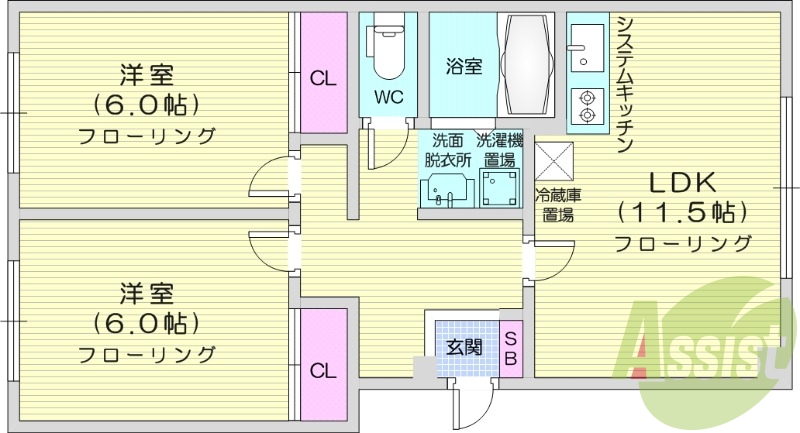 2LDK、エアコン、灯油暖房、システムキッチン