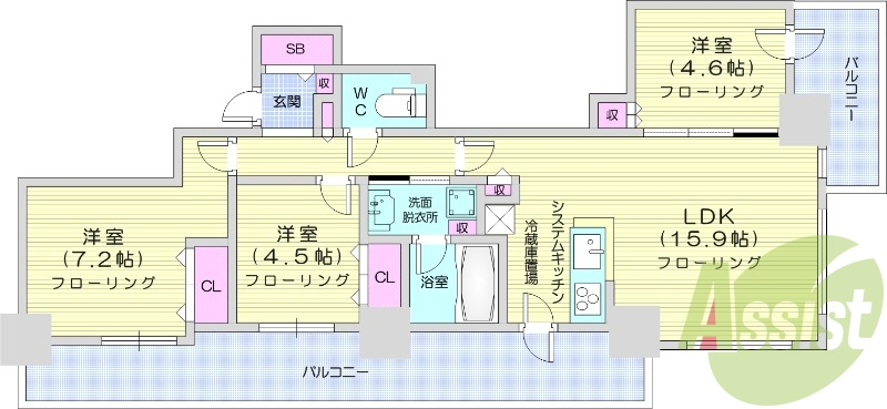 3LDK、分譲賃貸、床暖房、エアコン、食洗器、追い焚き
