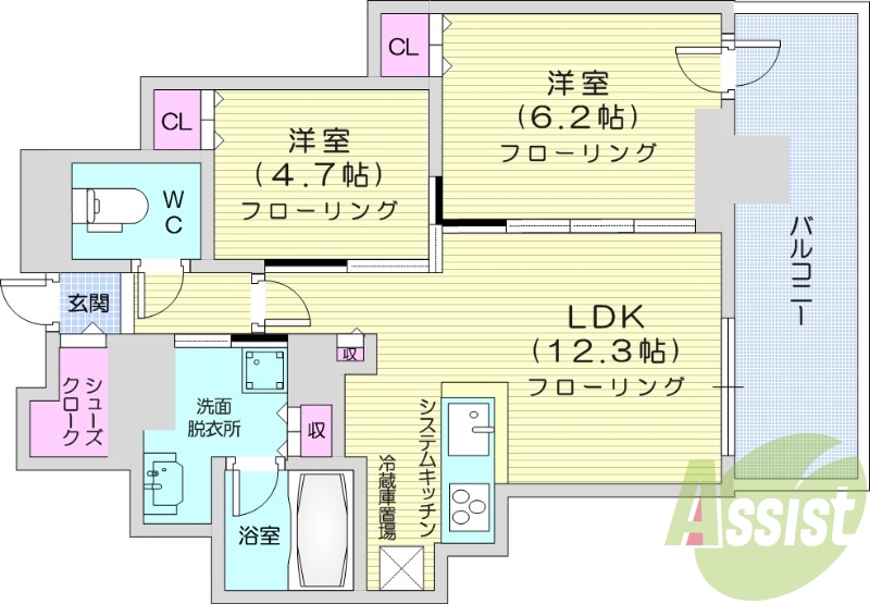 2LDK、都市ガス、追い焚き、浴室乾燥、システムキッチン