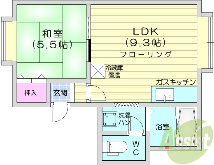1LDK、都市ガス、室内洗濯機置場、モニター付きインターホン