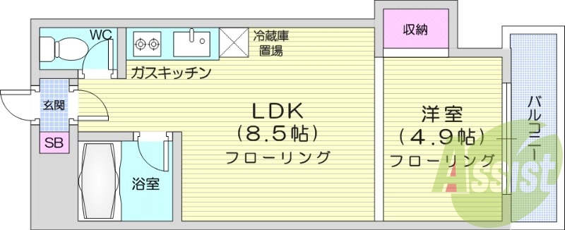 1LDK、都市ガス、ガス暖房、ネット無料