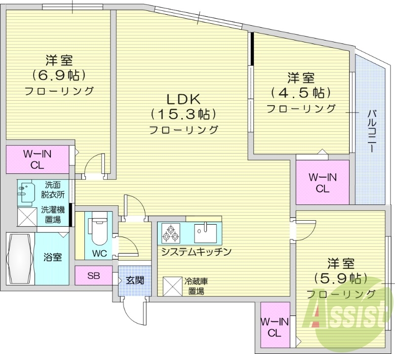 3LDK、システムキッチン、灯油給湯、オートロック