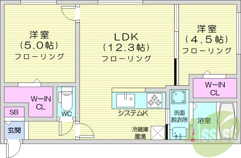 2LDK、都市ガス、エアコン、浴室乾燥機、システムキッチン