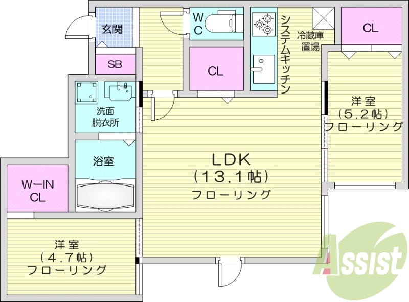 2LDK、都市ガス、エアコン、浴室乾燥機、システムキッチン