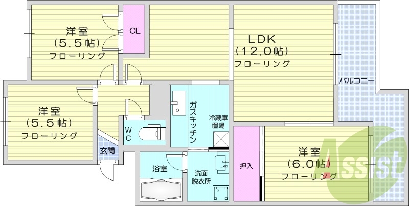 3LDK、独立洗面台、灯油暖房、トランクルーム、トイレ風呂別