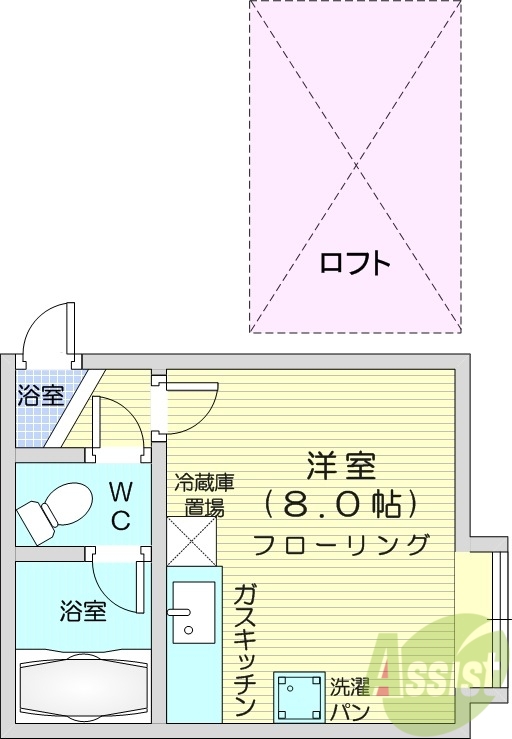 1R、バス・トイレ別、灯油暖房、ロフト、室内洗濯機置場
