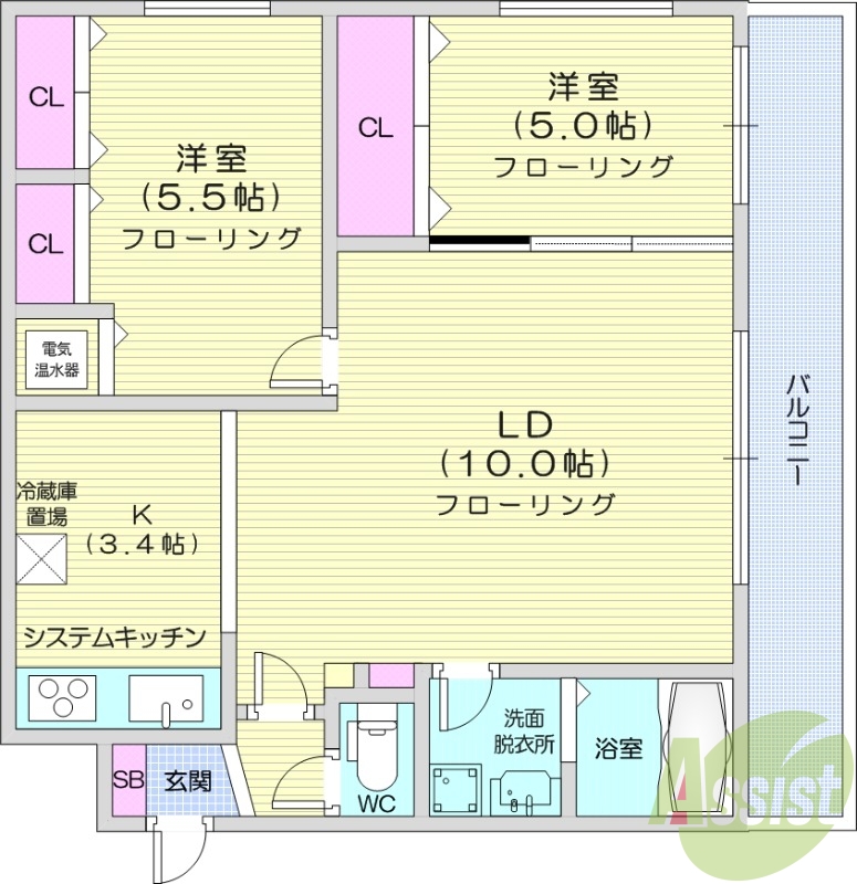 2LDK、オール電化、エアコン、システムキッチン、
