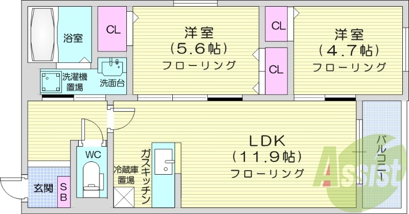2LDK、エアコン、ガスリミット、浴室乾燥機