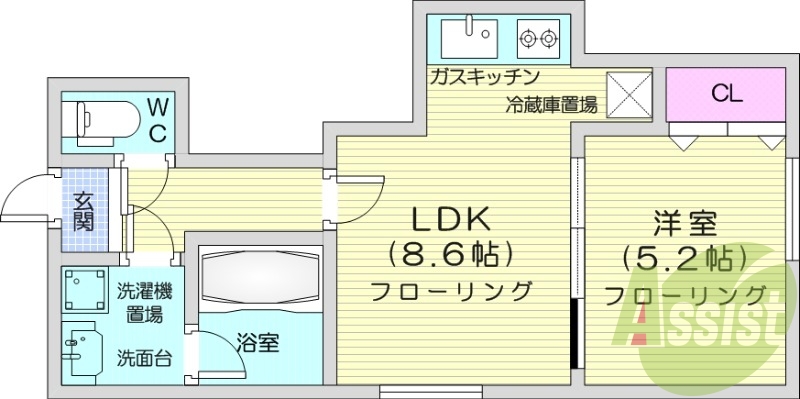 1LDK、シャワートイレ、独立洗面台、灯油暖房