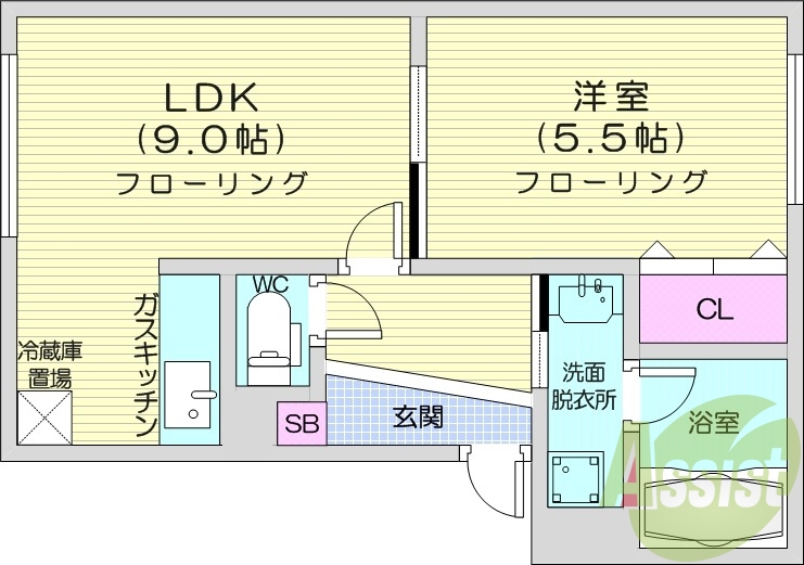 1LDK、灯油暖房、独立洗面台、バストイレ別